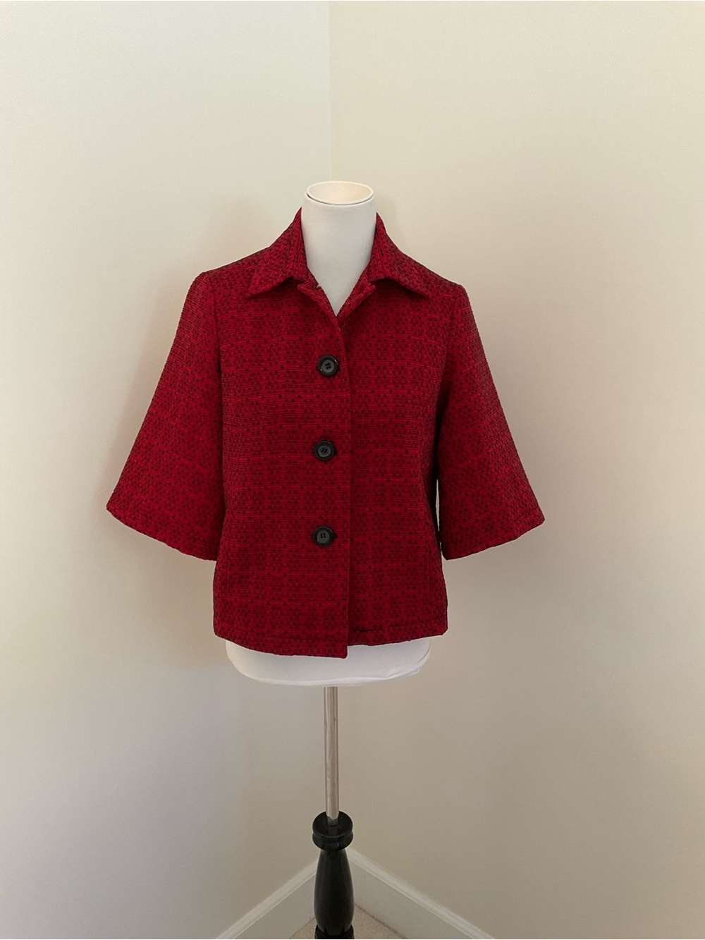 Coldwater Creek Red and Black Textured Tweed Elbow-Sleeve Jacket